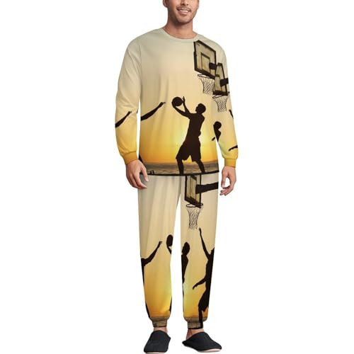 Playing Basketball at Sunset Men’s Pajama Set Long Sleeve Top And Pants Loungewear Sleepwear Pjs Nightwear