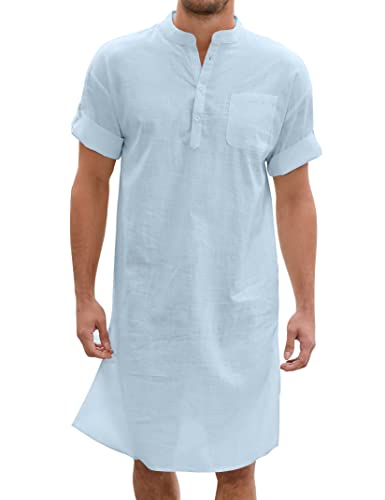 TURETRENDY Men's Linen Kaftan Thobe Short Sleeve Robe Gown Casual Longline T Shirts for Beach