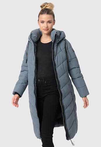 Navahoo Damen Wintermantel Warmer Langer Steppmantel mit Abnehmbarer Kapuze Sahnekatzii XIV Stormy Blue Gr. L