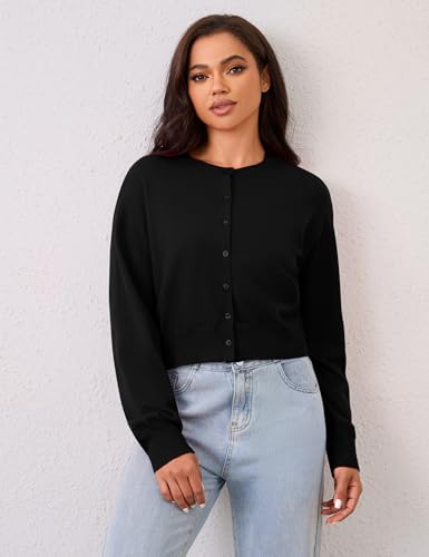 Image of MISSACTIVER Women's Button Down Cropped Cardigan Sweater Solid Open Front Long Sleeve Crewneck knitted Fall Cardigans Jacket Black, Small