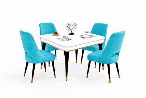 Image of WOODEN SPACE 4 Seater Wooden Dining Table Set | Urban Marble Top Dining Table with Chairs for Dining Room & Kitchen (Modern Vintage Sky Blue) (42 x 42 x 30 inch)