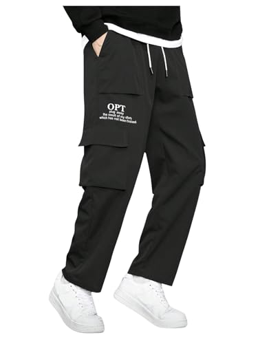 OYOANGLE Men's Letter Print Cargo Pants Drawstring Waist Flap Pocket Trousers Streetwear