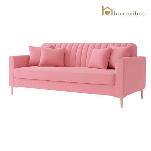 Image of 3 Seater Velum Fabric Sofa Set for Living Room, Modern Design with High Density Foam, Solid Wood Frame, Ergonomic Comfortable Seating for Home & Office (Baby Pink, 3 Seater) | Soft foam comfort, Strong wood frame