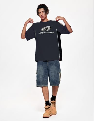 Vamtac Oversized T Shirt Classic Vintage 90s Contrast Color Graphic Tees Streetwear Racing Speedway Tops Unisex