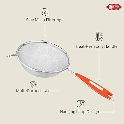Image of Kitchen Expert Stainless Steel Soup Strainer | Set of 1 (13.5cm) | Food /Juice Strainer | Liquid Filter | Large Channi for Soup | Strong Handle & Anti Rust Channi