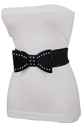 Women Fashion Black Faux Leather Elastic Waistband Belt Hip High Waist Bow Tie Elegant Buckle Size S M3
