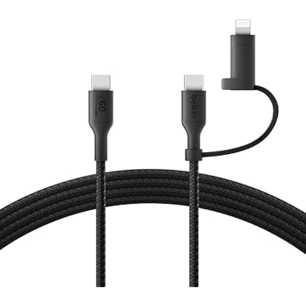 Belkin kabel do ładowania 2 w 1 ze złączami USB-C i Lightning – kabel w oplocie do szybkiego ładowania z USB-C na USB-C i Lightning, do ładowania urządzeń Apple iPhone, iPad, Samsung i innych – czarny