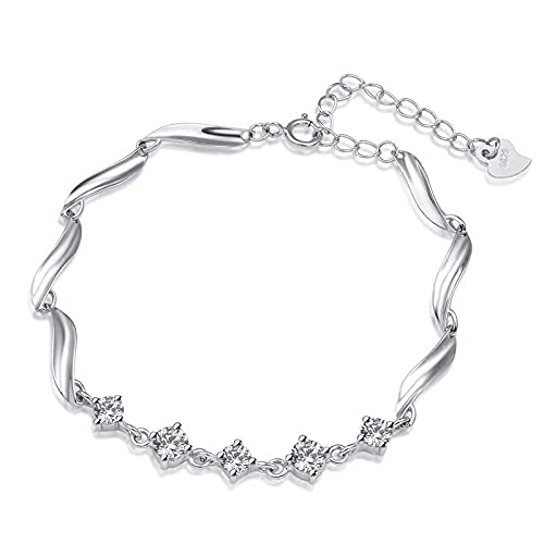 Damen Sterling Silber Armband,Frauen 925 Sterling Silber Armband Elegante Wellenarmbänder Mit Mosaikkristall Freundschaftsarmband Sterling Silber Schmuck Geschenke Für Schwestern Freund Paare Mama