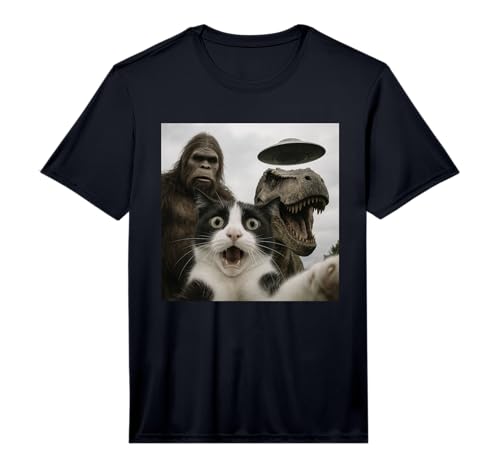 Funny Cat Selfie with Bigfoot Dinosaur UFO for Men Women Performance T-Shirt