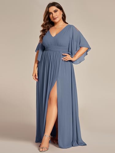 Image of Ever-Pretty Plus Women's Plus Size V Neck Half Sleeves Slit A Line Floor Length Bridesmaid Dress 01886-DA