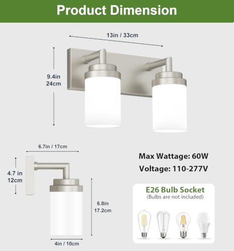 Image of Bathroom Light Fixtures, Brushed Nickel Bathroom Lighting Fixtures Over Mirror, Modern Vanity Light with White Glass Shade, Restroom Lighting Fixtures, 2-Light 13-inch