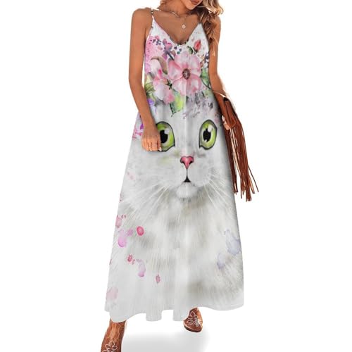 Robe longue fleurs chat blanc pour femme ete sans manches confortable