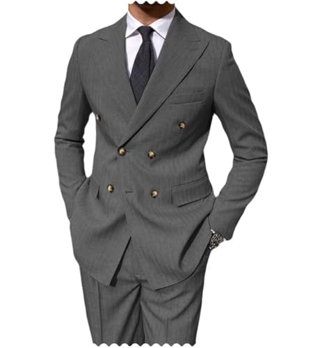 Men's 2 Piece Tweed Herringbone Business Suit Slim Double Breasted Striped Suit