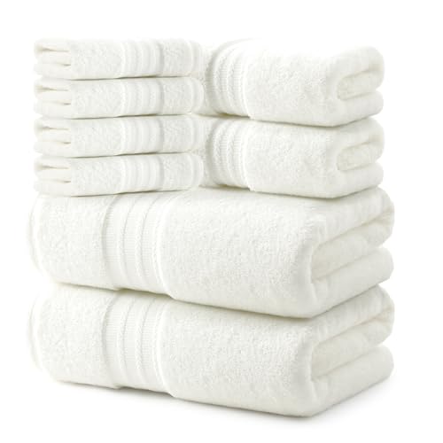 REDKISS 8 Piece Off White Towels Set - 100% Cotton Towels Set with 2 Large Bath Towels 2 Hand 4 Washcloths 600 GSM Highly Absorbent Bath Towel Sets Cream Quick Dry Shower Towel for Family Gym