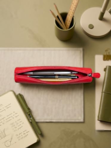 Image of Calfnero Genuine Leather Pen-Case for Men & Women | Premium Leather Pencil-Pouch with Zipper (Red) | Cylindrical Pen-Holder Organizer for Pen, Pencils & Stationery | Unisex Pen-Sleeve