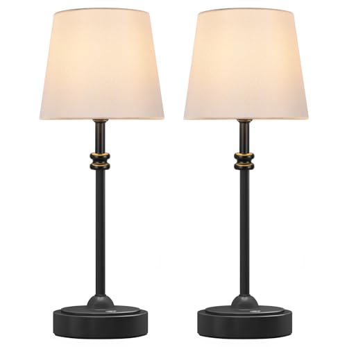 ONEWISH Cordless Table Lamps Set of 2 - Battery Powered Lamp, 4000mAh Rechargeable, Stepless Dimmable, Wireless Lamp with Fabric Shade, Warm Ambient Light for Bedside, Dining, Patio, Bathroo