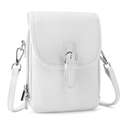befen White Genuine Leather Small Crossbody Bags for Women, Womens Cell Phone Cross-Body Bag Over Shoulder Purses with RFID Card Slots for Summer Travel
