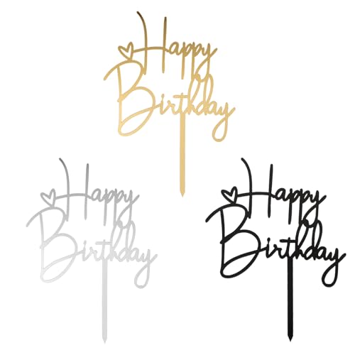 Hpmjz 3 Stück Geburtstag Tortendeko Happy Birthday Cake Topper Acryl Party-Dekoration Herz Kuchen Dekoration für Frauen Männer Familie Freunde Jahrestag Andenken Valentinstag