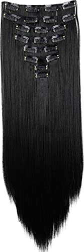 Extensions de cheveux clips lisses noirs 55cm 140g synthétiques soyeux