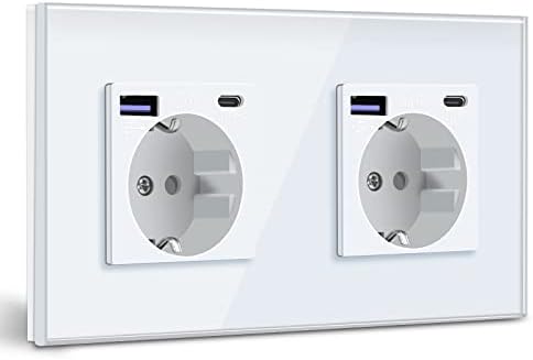 BSEED Schuko Steckdose mit USB C 20W Schnellladegerät USB Type C Wandsteckdose mit Glas Panel, 2 Fach Steckdose, USB Steckdose Unterputz, Einbausteckdose Geeignet für Phone, Pad, M