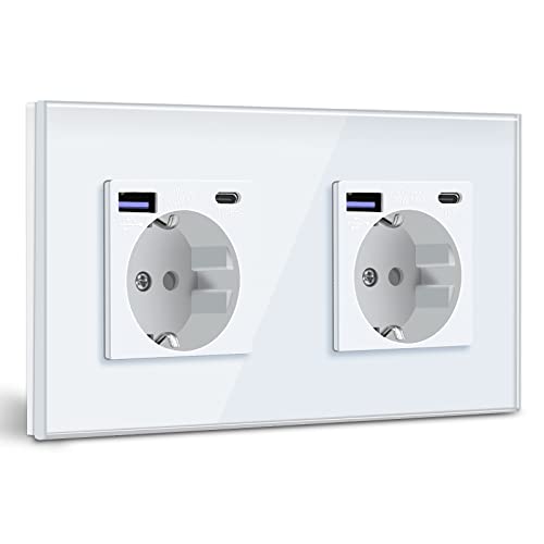 BSEED Schuko Steckdose mit USB C 20W Schnellladegerät USB Type C Wandsteckdose mit Glas Panel, 2 Fach Steckdose, USB Steckdose Unterputz, Einbausteckdose Geeignet für Phone, Pad, MP3 und mehr-Weiß