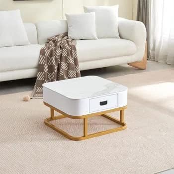 Funshelf Handmade Square Drawer Coffee Table with Marble Finish Top & Gold Metal Frame, Cocktail Sofa Table Living Room, Elegant Center Table Set of Apartment/Drawing Room (White & Gold) - Image 8