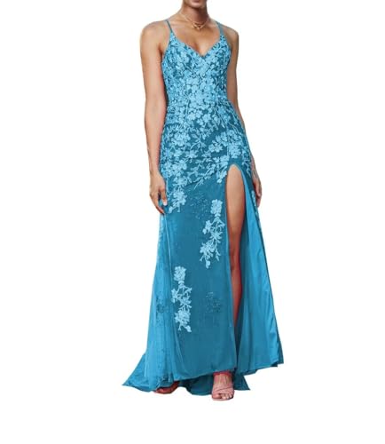 Image of Long Spaghetti Straps Tulle Mermiad Prom Dress V Neck Lace Appliques Formal Dress with Slit SF203