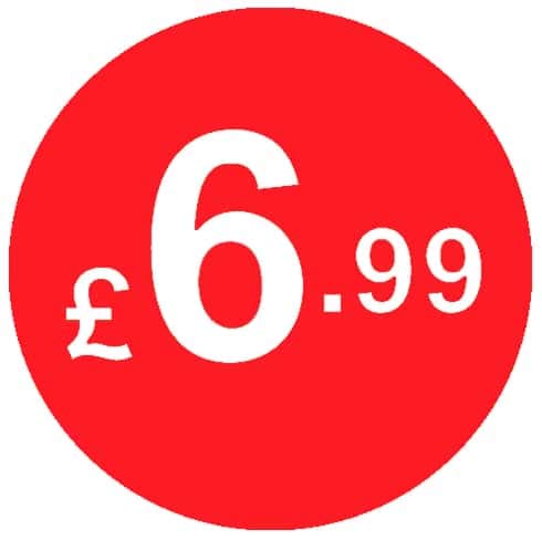 £ Red Price Stickers - 45mm, £6.99, 10000