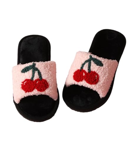 Coquette Cherry Slippers for Women Platform Fluffy Slides Slip On House Slippers Open Toes No Slip Chunky Sole Retro Warm Cotton Lined Comfort Wear Shoes Home Bedroom Christmas Gifts for Couples