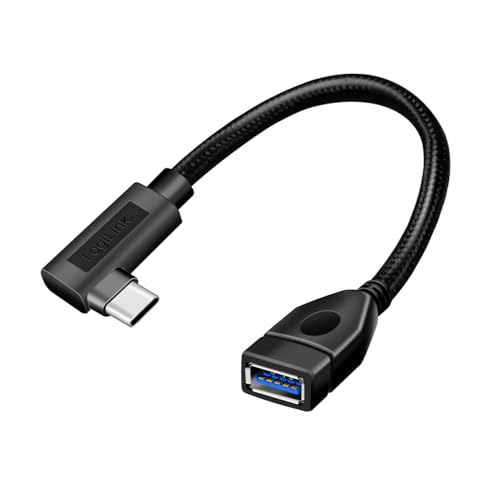 Logilink CU0100 - Adaptador de Cable USB 3.2 (Gen2) de 10 GB, Tipo C (ángulo de 90°) a Tipo A con función OTG (on-The-go), 20 cm