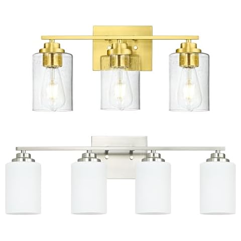 ASLAINY 4-Light Brushed Nickel Bathroom Lighting Fixtures Over Mirror and 3-Light Brushed Gold Bathroom Vanity Light Cover