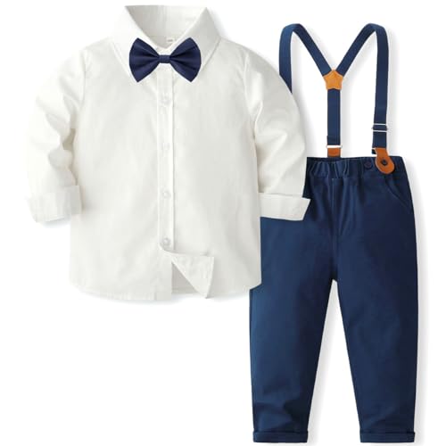 FAIRYRAIN 2-Teiliges Kleinkind Jungen Babyanzug Gentleman Kinder Langarm Hemd + Hose mit Träger Anzug Kleidung Se