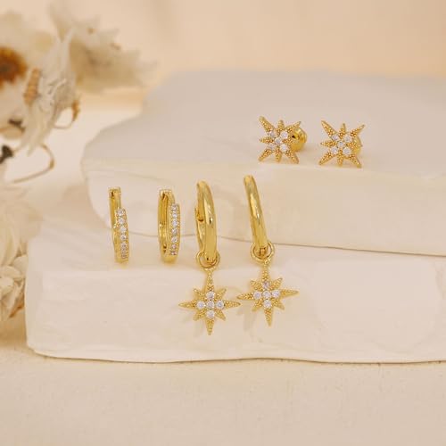 Image of Gold Plated Earrings for Women, 14k Gold Plated Earring Stack Hypoallergenic Pearl Drop Earring Dainty Earrings for Women Trendy Cute Small Huggie Hoop Earring Fashion Womens Jewelry