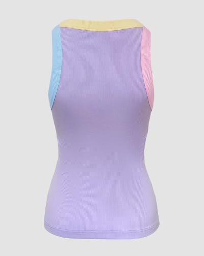 Image of CHICME Womens Sleeveless Ribbed Built in Bra Tank Tops | Color-Block, Crewneck Padded Racerback Shirts, Slim Fit, High Stretch Fabric, Casual Basic Tank for Going Out & Layering