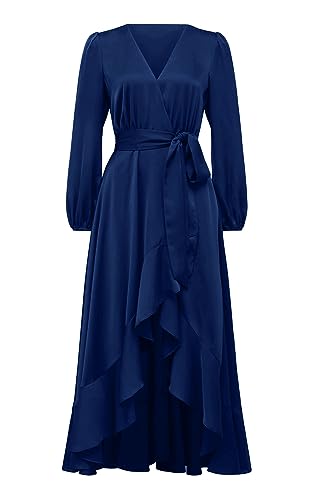 Prettygarden Women'S 2023 Fall Dresses Casual Long Sleeve Wrap V Neck Maxi Dress High Low Wedding Guest Dress Ruffle Hem thumb #2