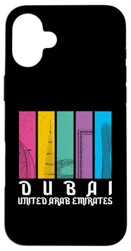 カラフルなストライプのヴィンテージドバイ超高層ビルUAE旅行 スマホケース iPhone 16 Plus 用