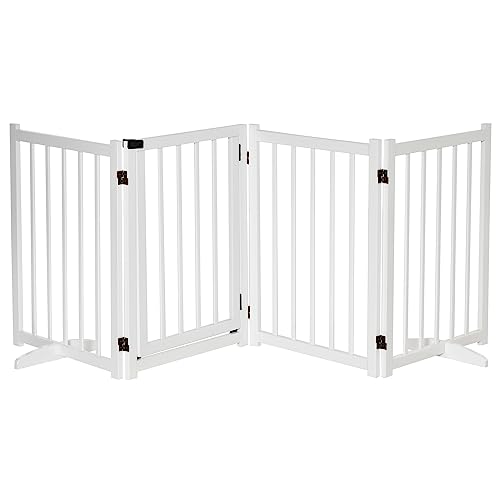 PawHut Cancellino Pieghevole per Cani Piccola/Media Taglia con 4 Pannelli in Legno e Serratura, 237.5x36x80cm, Bianco