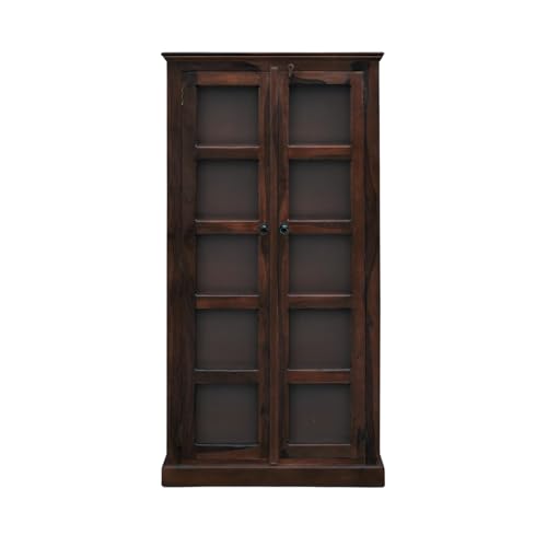 Image of Book Shelf Wooden with Door, Bookshelf with Glass Door for Home Library, Solid Wood Bookcase Wooden Crockery Cabinet for Kitchen - Walnut Finish