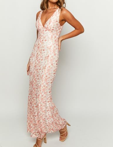 Image of Elegant Lace Floral V Neck Backless Bodycon Dresses for Women Sexy Cut Out Low Back Sleeveless Maxi Dress Wedding Guest
