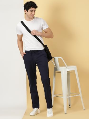 Image of Thomas Scott Men's | Solid | Light Weight | Breathable Fabric | Elasticated Waist | Mid Rise | Regular Fit | Cotton Blend | Button with Drawstring | Chino Trouser | Pants