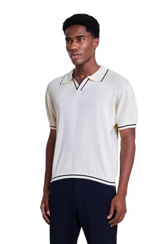 Image of SNITCH Men Polo T-Shirt | Textured Knit V-Neck with Tipping, Pullover Half Sleeve | 100% Cotton Breathable Luxe Knit Resort Wear Casual Top