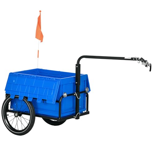 HOMCOM Rimorchio Bici ad Altezza Regolabile con Box Portaoggetti da 65L in Plastica, Bandiera, Catarifrangenti e Strisce Riflettenti, Rimorchio per Bici in Acciaio, 145x61x76/81 cm, Blu