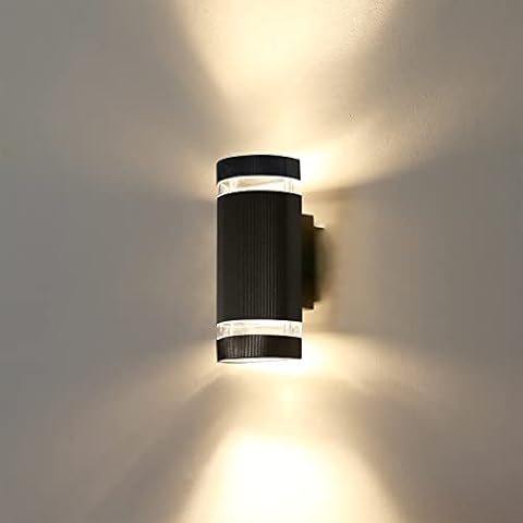 HLFVLITE Outdoor Wall Light, Aluminum Up & Down Outside Wall Lighting Lantern, IP44 Waterproof Garden Lamp, Wall Mount Porch Light, Black (Includes 2 * 5W 3200K Warm White Bulbs) Cover