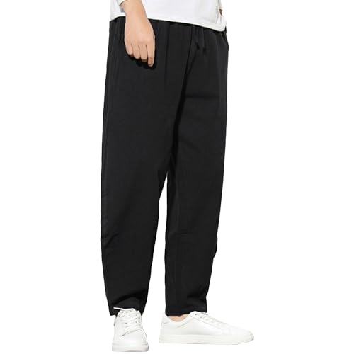 Qolkmuiy-GJ Men's Elastic Cotton Wide Leg Slack Summer Lightweight Yoga Jogger Pants Linen Beach Trousers with Pockets (Black,X-Large)