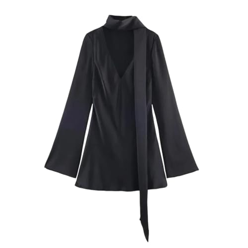 Women Silk Satin Scarf Dress Solid Simple Design Casual Party Sundress Black