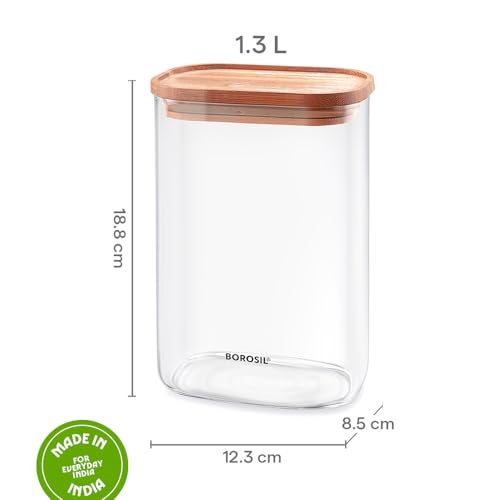Image of Borosil 1.3L Storage Jar Set with Bamboo Lid | Made in India Borosilicate Glass Dishwasher Safe Container for Kitchen | Multipurpose Kitchen Organizer for Cookie & Dals