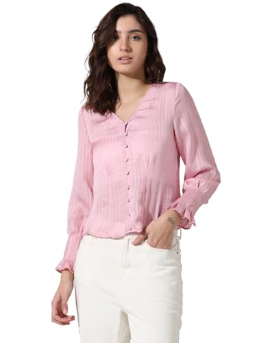 Image of ONLY Women Polyester Regular Self Design V-Neck Puff Sleeves Shirt Style Top