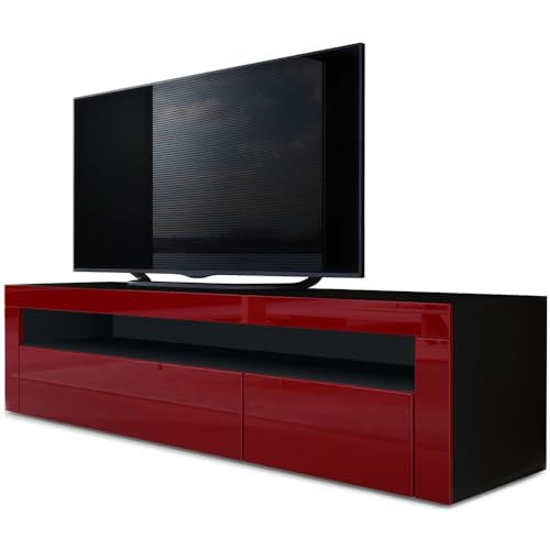 Vladon Buffet Bas Valencia, Meuble TV avec 1 Compartiment Ouvert et 2 clapets, Noir Mat/Bordeaux Haute Brillance/Bordeaux Haute Brillance (155 x 46 x 40 cm)