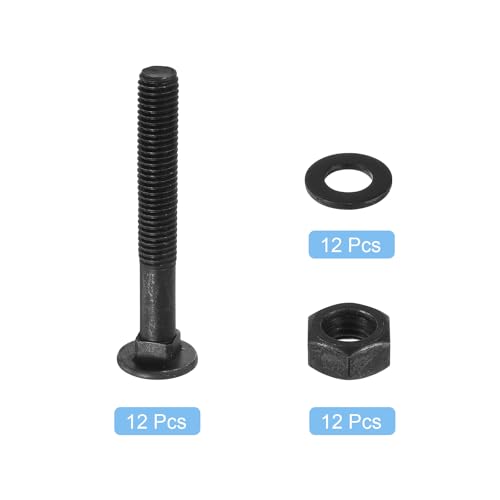 Image of uxcell M10 x 70mm Carriage Bolt Kit, 12 Set Round Head Square Neck Screws, Carriage Bolts Screws Set Includes Washers and Nuts - Carbon Steel Black Oxide for Fastening Accessories