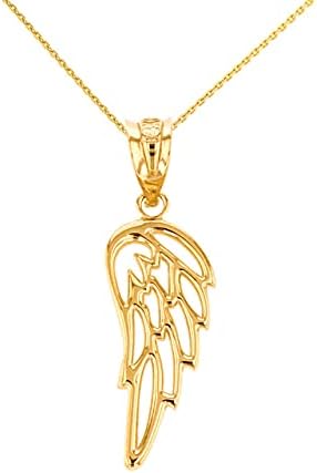 Fine 14K Yellow Gold Guardian Angel Filigree Wing Pendant Necklace